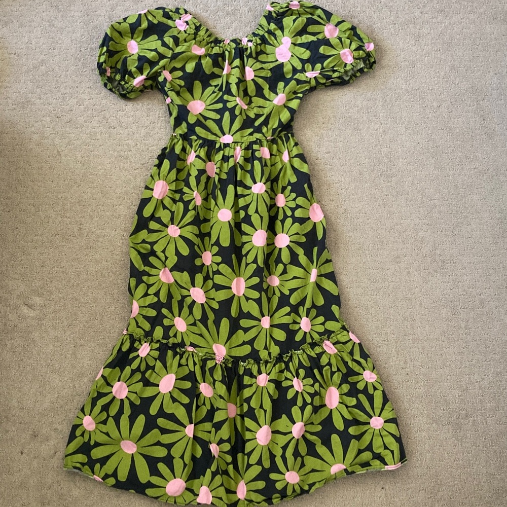 TOPSHOP green floral puff-sleeve midi dress, US 2.